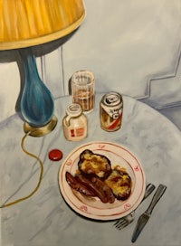 a painting of a table with a plate of food and a lamp