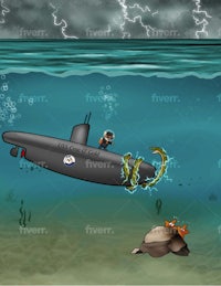 a submarine in the ocean with a snake on it