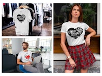 t - shirts with a heart on them and a woman wearing a skirt