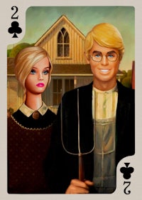 a playing card with a woman and a man in front of a house