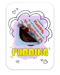 a sticker with the word pudding on it