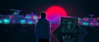 a man is standing in front of a city with neon lights