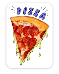 a pizza sticker with the word pizza on it