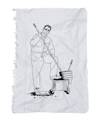 a drawing of a man with a broom and bucket