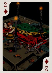 a deck of playing cards with a woman and two candles